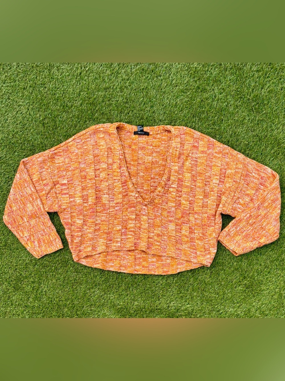 Forever 21 Orange Marled V-Neck Cropped Sweater Medium
